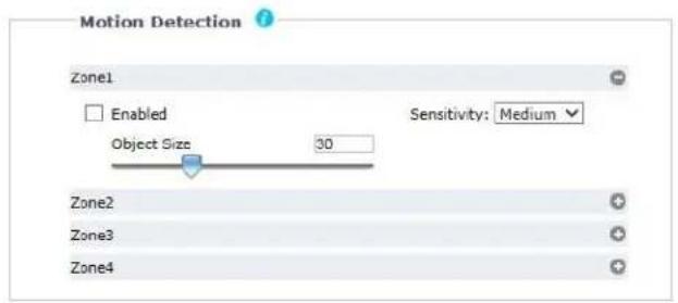 Motion Detection Zone1 Enabled Object Size 30 Sensitivity: Medium Zone2 Zone3 Zone4