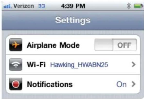 Settings Airplane Mode OFF Wi-Fi Hawking_HWABN25 > Notifications On >