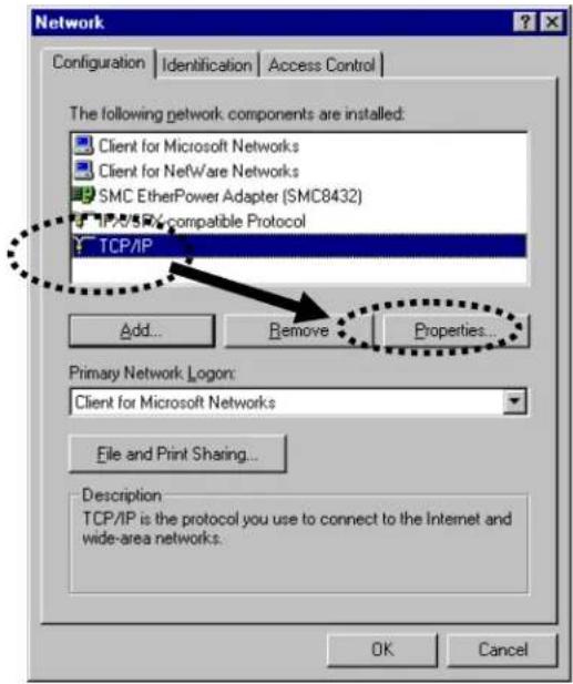 Network Configuration | Identification | Access Control | The following network components are installed: Client for Microsoft Networks Client for NetWare Networks SMC EtherPower Adapter (SMC8432) TCP/IP compatible Protocol Add... Remove Properties... Primary Network Logon: Client for Microsoft Networks File and Print Sharing... Description: TCP/IP is the protocol you use to connect to the Internet and wide-area networks. OK Cancel