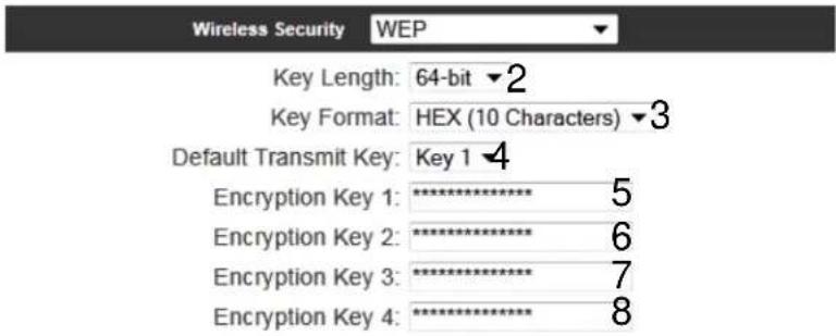 Wireless Security WEP Key Length: 64-bit ▼2 Key Format: HEX (10 Characters) ▼3 Default Transmit Key: Key 1 ▼4 Encryption Key 1: ********* 5 Encryption Key 2: ********* 6 Encryption Key 3: ********* 7 Encryption Key 4: ********* 8