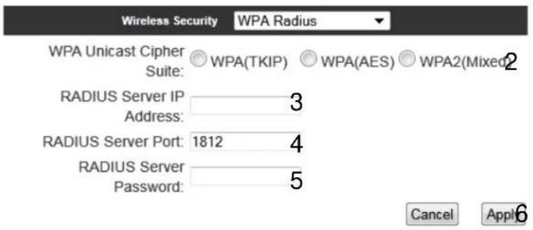 Wireless Security WPA Radius WPA Unicast Cipher ○ WPA(TKIP) ○ WPA(AES) ○ WPA2(Mixed) Suite: RADIUS Server IP 3 Address: RADIUS Server Port: 1812 4 RADIUS Server Password: 5 Cancel Appl