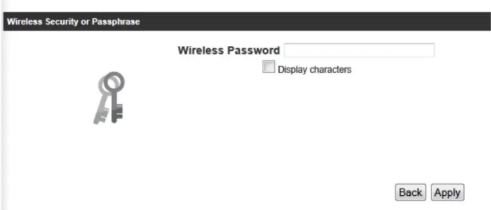 Wireless Security or Passphrase Wireless Password □ Display characters Back Apply