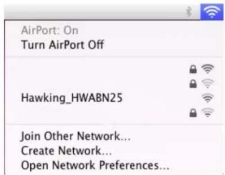 AirPort: On Turn AirPort Off Hawking_HWABN25 Join Other Network... Create Network... Open Network Preferences...