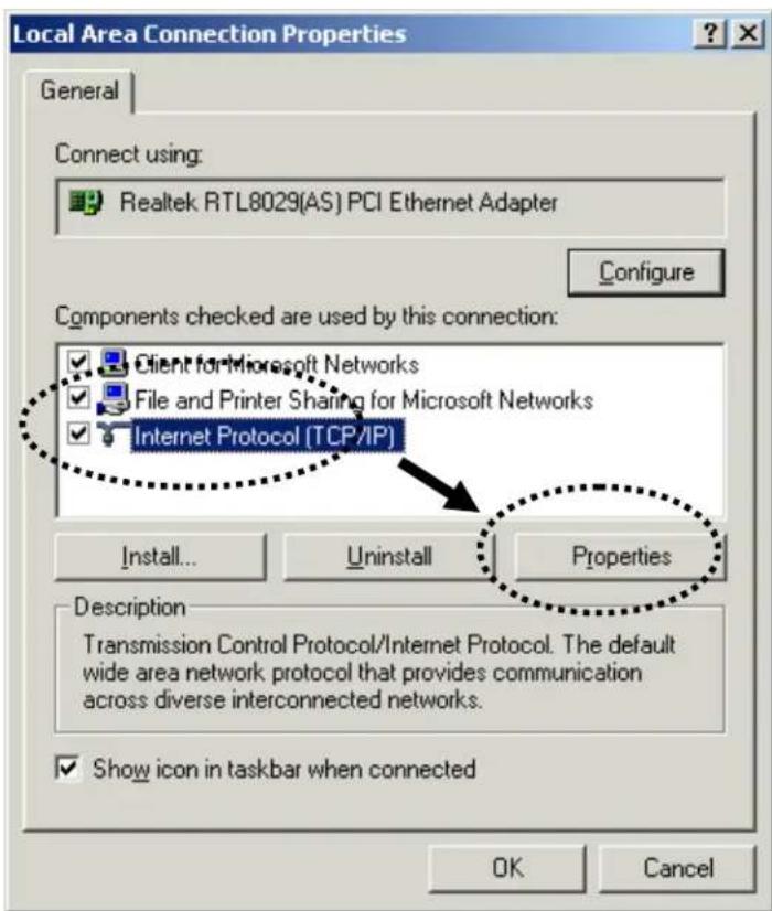 Local Area Connection Properties General Connect using: Realtek RTL8029(AS) PCI Ethernet Adapter Configure Components checked are used by this connection: Client for Microsoft Networks File and Printer Sharing for Microsoft Networks Internet Protocol (TCP/IP) Install... Uninstall Properties Description Transmission Control Protocol/Internet Protocol. The default wide area network protocol that provides communication across diverse interconnected networks. Show icon in taskbar when connected OK Cancel