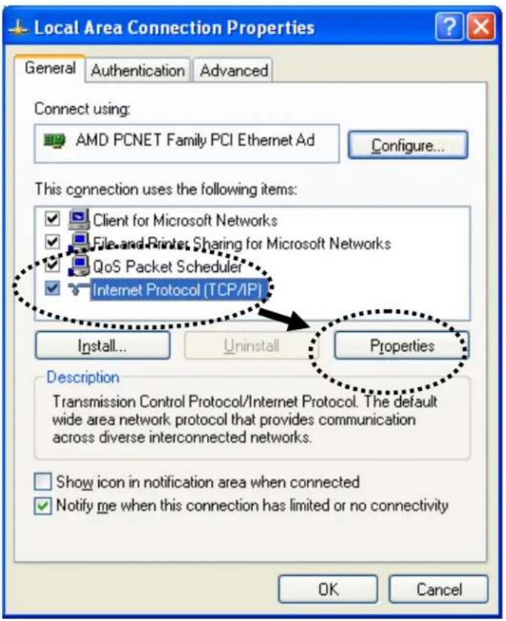 Local Area Connection Properties General Authentication Advanced Connect using: AMD PCNET Family PCI Ethernet Ad Configure... This connection uses the following items: ✓ Client for Microsoft Networks ✓ File and Printer Sharing for Microsoft Networks ✓ QoS Packet Scheduler ✓ Internet Protocol (TCP/IP) Install... Uninstall Properties Description Transmission Control Protocol/Internet Protocol. The default wide area network protocol that provides communication across diverse interconnected networks. Show icon in notification area when connected ✓ Notify me when this connection has limited or no connectivity OK Cancel