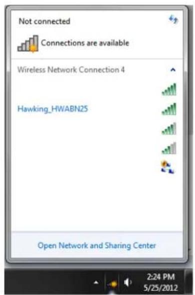 Not connected Connections are available Wireless Network Connection 4 Hawking_HWABN25 Open Network and Sharing Center 2:24 PM 5/25/2012