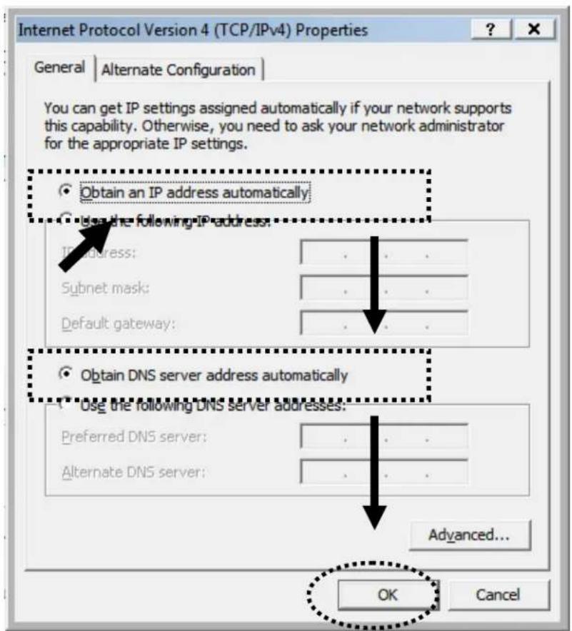 Internet Protocol Version 4 (TCP/IPv4) Properties General | Alternate Configuration | You can get IP settings assigned automatically if your network supports this capability. Otherwise, you need to ask your network administrator for the appropriate IP settings. Obtain an IP address automatically Use the following IP address: IP address: Subnet mask: Default gateway: Obtain DNS server address automatically Use the following DNS server addresses: Preferred DNS server: Alternate DNS server: Advanced... OK Cancel