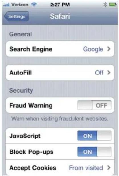 Settings Safari General Search Engine Google > AutoFill Off > Security Fraud Warning OFF Warn when visiting fraudulent websites. JavaScript ON Block Pop-ups ON Accept Cookies From visited >