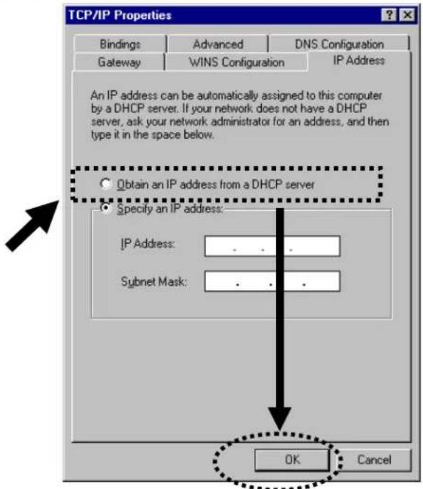 TCP/IP Properties Bindings Advanced DNS Configuration Gateway WINS Configuration IP Address An IP address can be automatically assigned to this computer by a DHCP server. If your network does not have a DHCP server, ask your network administrator for an address, and then type it in the space below. Obtain an IP address from a DHCP server Specify an IP address: IP Address: .. Subnet Mask: .. OK Cancel