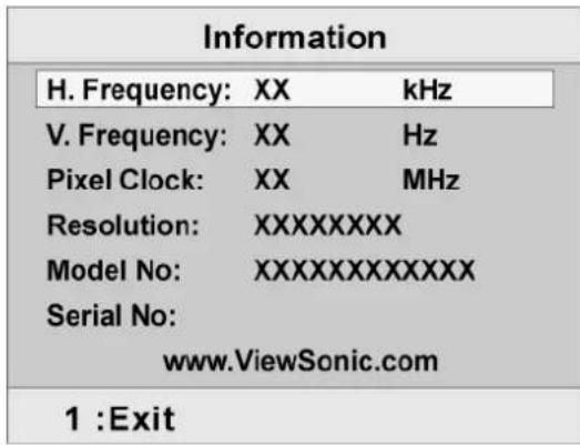 Information H. Frequency: XX kHz V. Frequency: XX Hz Pixel Clock: XX MHz Resolution: XXXXXXXX Model No: XXXXXXXXXXXXX Serial No: www.ViewSonic.com 1 :Exit