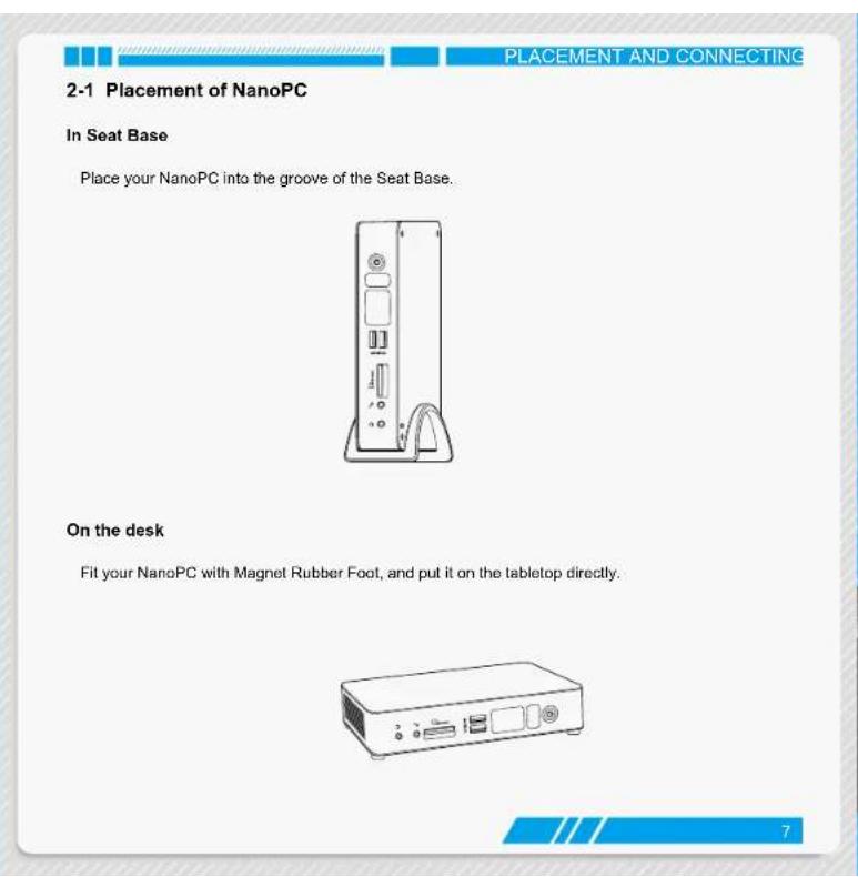2-1 Placement of NanoPC In Seat Base Place your NanoPC into the groove of the Seat Base. On the desk Fit your NanoPC with Magnet Rubber Foot, and put it on the tabletop directly.