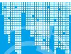 Blue pixelated graphic with white text and curved shapes, resembling a stylized letter or symbol.