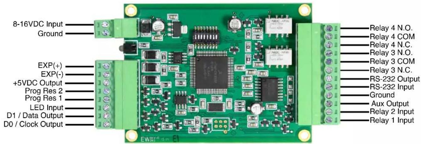 8-16VDC Input Ground EXP(+) EXP(-) +5VDC Output Prog Res 2 Prog Res 1 LED Input D1 / Data Output D0 / Clock Output NEC APIN NEC APIN Relay 4 N.O. Relay 4 COM Relay 4 N.C. Relay 3 N.O. Relay 3 COM Relay 3 N.C. RS-232 Output RS-232 Input Ground Aux Output Relay 2 Input Relay 1 Input EWHY-0 15.00