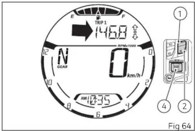 E F TRIP 1 146.8 RPMx1000 N GEAR 0 km/h AM 17:35 2 8 6 4 1 ① ④ ② Fig 64