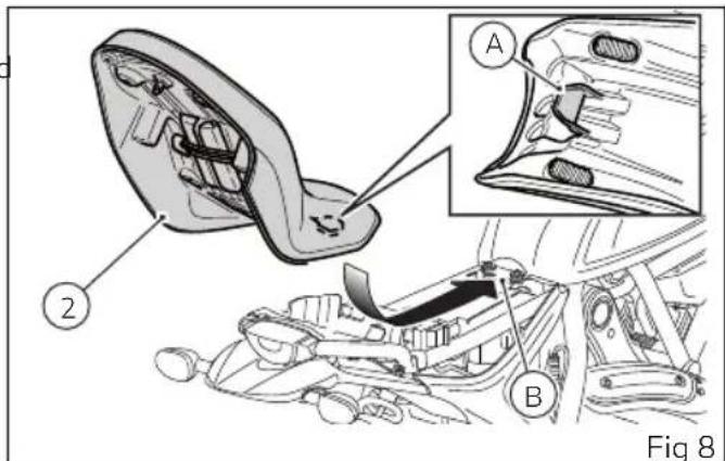 Technical diagram showing car interior components with labeled parts A and B, including a magnified inset view of the component.