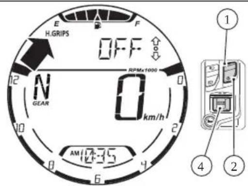 E H.GRIPS OFF N GEAR 0 km/h AM 17-35 4 6 2 0 RPMx1000 ① ④ ②