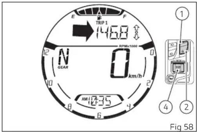 E F TRIP 1 146.8 RPMx1000 N GEAR 0 km/h AM 12:35 6 4 2 12 10 8 Fig 58