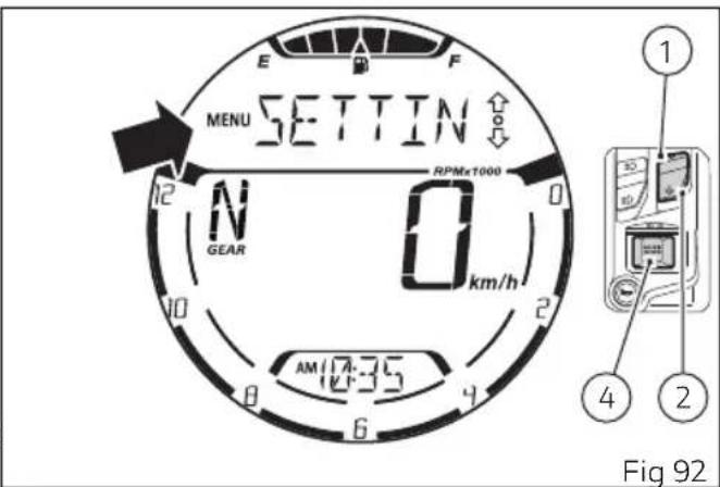 MENU SETTIN RPMx1000 N GEAR 0 km/h AM 17:35 6 2 8 10 12 1 ① ④ ② Fig 92