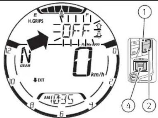 E H.GRIPS OFF Ro Max/100 12 GEAN 0 km/h OUT AM 17:35 6 4 2 1 ① ④ ②