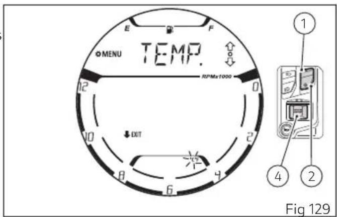 E F MENU TEMP. RPMx1000 12 0 10 2 EXIT 8 6 4 Fig 129 ① ④ ②