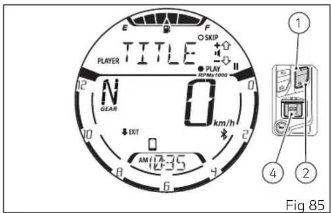 E TITLE O SKIP PLAY R/P/Mx1000 N GEAR 0 km/h EXIT AM(7.35) 6 4 2 12 10 8 Fig 85