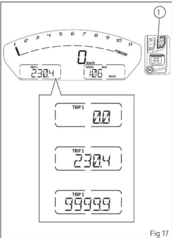 1 2 3 4 5 6 7 8 9 10 11 0 km/h TRIP 1 230.4 SPEED AVG 105 km/h TRIP 1 0.0 TRIP 1 230.4 TRIP 1 9999.9 Fig 17