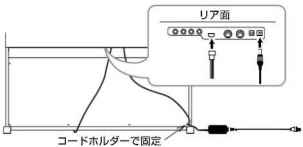 KORG DK-650 - ベダルコードと AC アダプターの DC ブラグを本体の底面に接続し、各コードをコードホルダーで固定します。 - 1