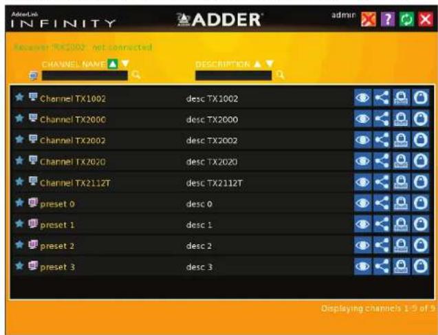 AdderLink INFINITY ADDER® Recover "PG2002" net connected CHANNEL NAME ▼ DESCRIPTION ▼ Channel TX1002 desc TX1002 Channel TX2000 desc TX2000 Channel TX2002 desc TX2002 Channel TX2020 desc TX2020 Channel TX2112T desc TX2112T preset 0 desc 0 preset 1 desc 1 preset 2 desc 2 preset 3 desc 3 Displaying channels 1-9 of 5