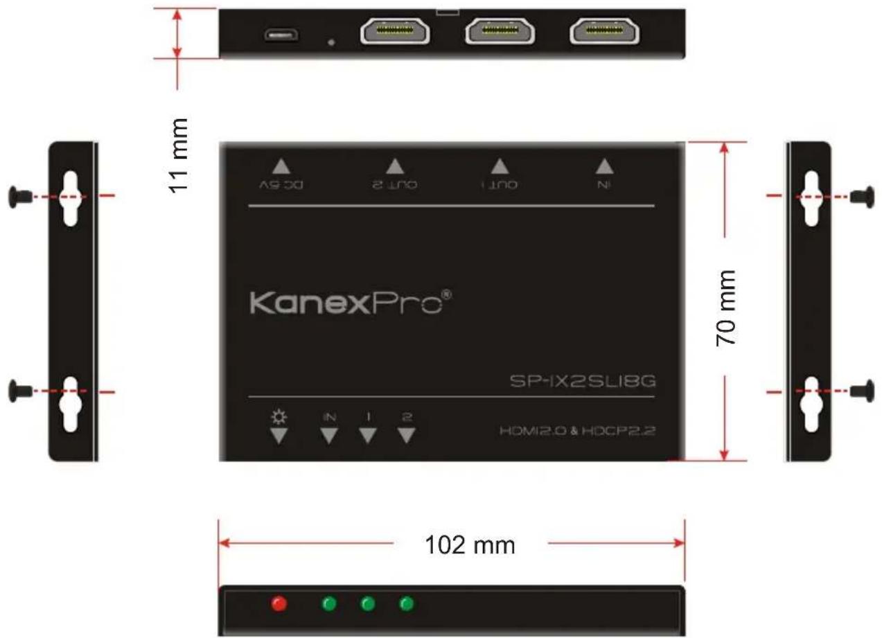 11 mm N out1 out2 DC 6V 70 mm 102 mm KanexPro® SP-IX2SLIBG HOMI2.0 & HDCP2.2