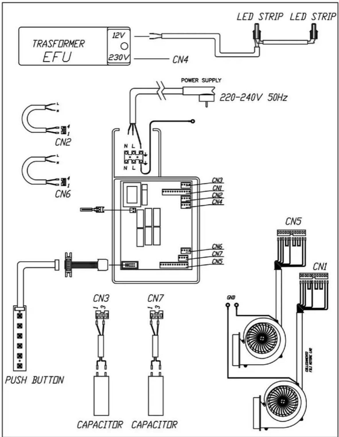 TRASFORMER EFU 12V 230V CN4 LED STRIP LED STRIP POWER SUPPLY 220-240V 50Hz CN2 CN6 CN3 CN1 CN2 CN4 CN6 CN7 CN5 PUSH BUTTON CN3 CN7 GND CN5 CN1 CAPACITOR CAPACITOR CELLESHROOM FILL ROUTE LPG