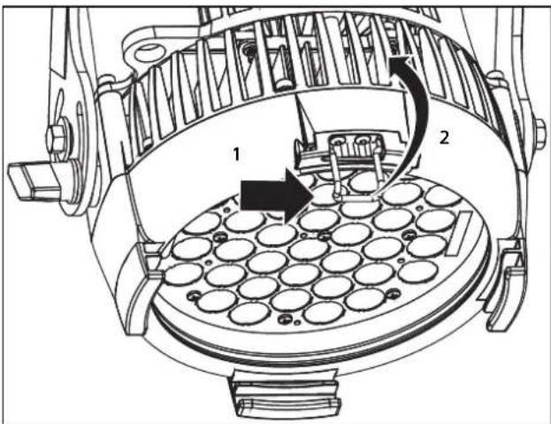 Technical diagram of a mechanical device with labeled components and directional arrows indicating flow or movement.