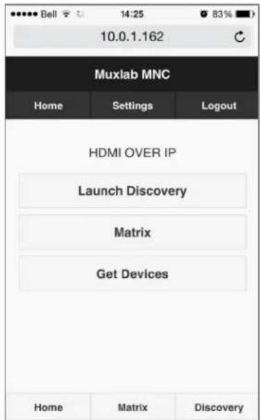 10.0.1.162 Muxlab MNC Home Settings Logout HDMI OVER IP Launch Discovery Matrix Get Devices Home Matrix Discovery