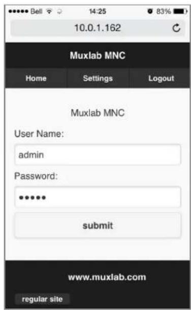 10.0.1.162 Muxlab MNC Home Settings Logout Muxlab MNC User Name: admin Password: **** submit www.muxlab.com regular site