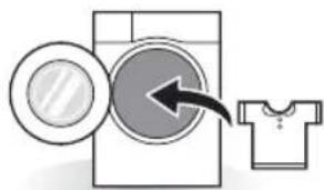 Illustration of a washing machine with a circular filter and a T-shirt, showing a close-up of the front view (no text or symbols).
