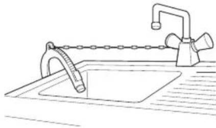 Line drawing of a kitchen sink with a faucet and chain handle (no text or symbols)