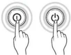 Two hand icons pointing at circular buttons with a 'I' and 'O' button (no text or symbols beyond basic symbols)
