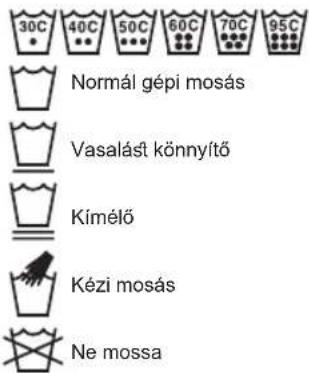 30°C, 40°C, 50°C, 60°C, 70°C, 95°C; normál gépi mosás; vasalást könnyítő; kímélő; kézi mosás; ne mossa