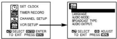 SET CLOCK TIMER RECORD CHANNEL SETUP VCR SETUP SELECT ENTER ENTER TO EXIT PRESS MENU LANGUAGE: AUDIO MODE: BROADCAST TYPE: AUDIO OUTPUT: SELECT ADJUST TO EXIT PRESS MENU