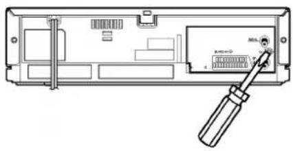 Technical diagram of a device rear panel with labeled ports and a screwdriver inserted, showing internal layout and component labels.
