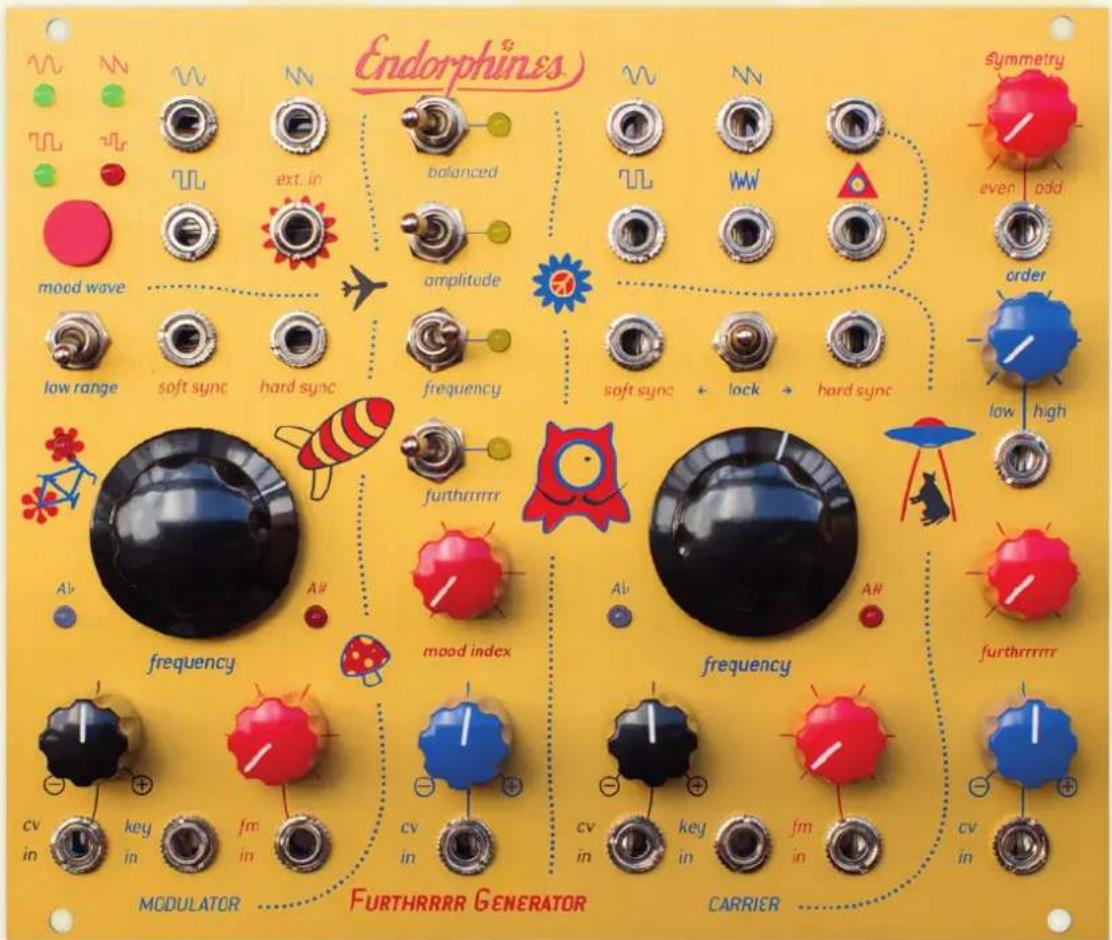 Endorphines symmetry even odd order low range soft sync hard sync frequency soft sync lock hard sync low high frequency mood index frequency furtherrrrrr modulator FURTHRRRR GENERATOR CARRIER cv in key in fm in cv in key in fm in cv in