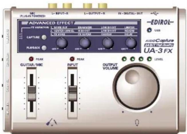MBC (PLUG-IN POWERED) L-INPUT-R L-OUTPUT-R IN - DIGITAL- OUT ADVANCED EFFECT FX VARIATION 1. NOOR BUY 2. CENTER CANCEL 3. FX VONE OFF OFF OFF OFF CAPTURE PHYSRACK PEAK GUITAR/MBC 1. MODEP 2. CENTER CANCEL 3. FX VONE OFF OFF OFF PEAK INPUT OUTPUT VOLUME LEDIER REFORM CHARGE DELAY EDIROL- USB Audio Capture 24 EBIT High capacity UA-3 FX LEVEL
