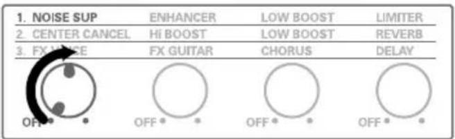 1. NOISE SUP 2. CENTER CANCEL 3. FX VANCE ENHANCER HI BOOST FX GUITAR LOW BOOST LOW BOOST CHORUS LIMITER REVERB DELAY OFF OFF OFF OFF