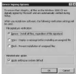 Enter saying options To ensure their integrity, all files on the Windows 2000 CD are digitally signed by Microsoft and are automatically verified during setup. When you install new software, the following verification settings will be used. File signature verification ✓ Image - Install all files, regardless of file signature ✓ View - Display an unsigned file before installing an unsigned file ✓ Block - Prevent installation of unsigned file Administrator space ✓ Apple setting as system default OK Cancel