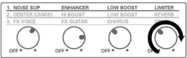 1. NOISE SUP 2. CENTER CANCEL 3. FX VOICE ENHANCER Hi BOOST FX GUITAR LOW BOOST CHORUS LIMITER REVERB OFF OFF OFF OFF