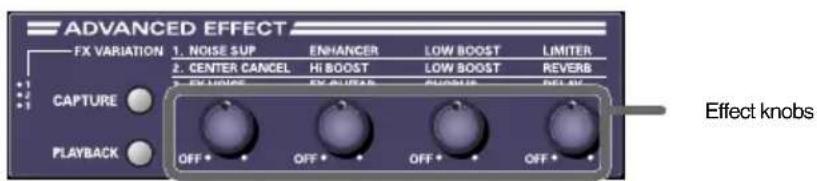 ADVANCED EFFECT FX VARIATION 1. NOISE SUP 2. CENTER CANCEL 3. EX LIHIND 4. OFF * OFF * OFF * OFF * ENHANCER HI BOOST EX INJURB LOW BOOST LOW BOOST RUNNURB LIMITER REVERB DELAY Capture PLAYBACK Effect knobs