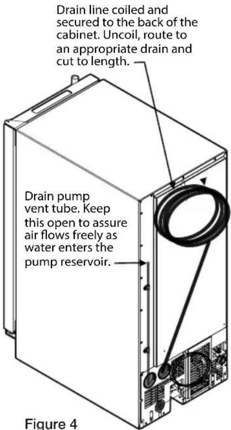 Drain line coiled and secured to the back of the cabinet. Uncoil, route to an appropriate drain and cut to length. Drain pump vent tube. Keep this open to assure air flows freely as water enters the pump reservoir. Figure 4