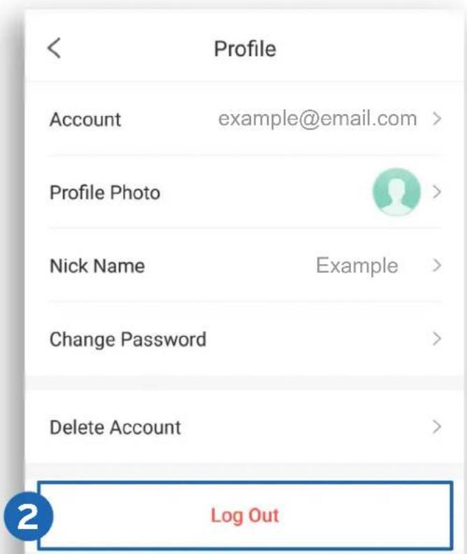 Profile Account example@email.com > Profile Photo Nick Name Example > Change Password > Delete Account > Log Out