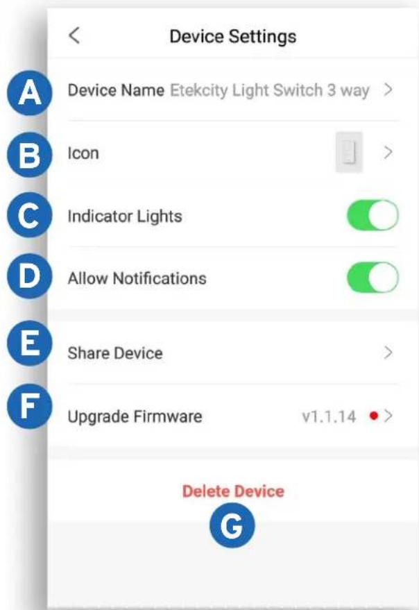 Device Settings Device Name Etekcity Light Switch 3 way > Icon Indicator Lights Allow Notifications Share Device Upgrade Firmware v1.1.14 # Delete Device G