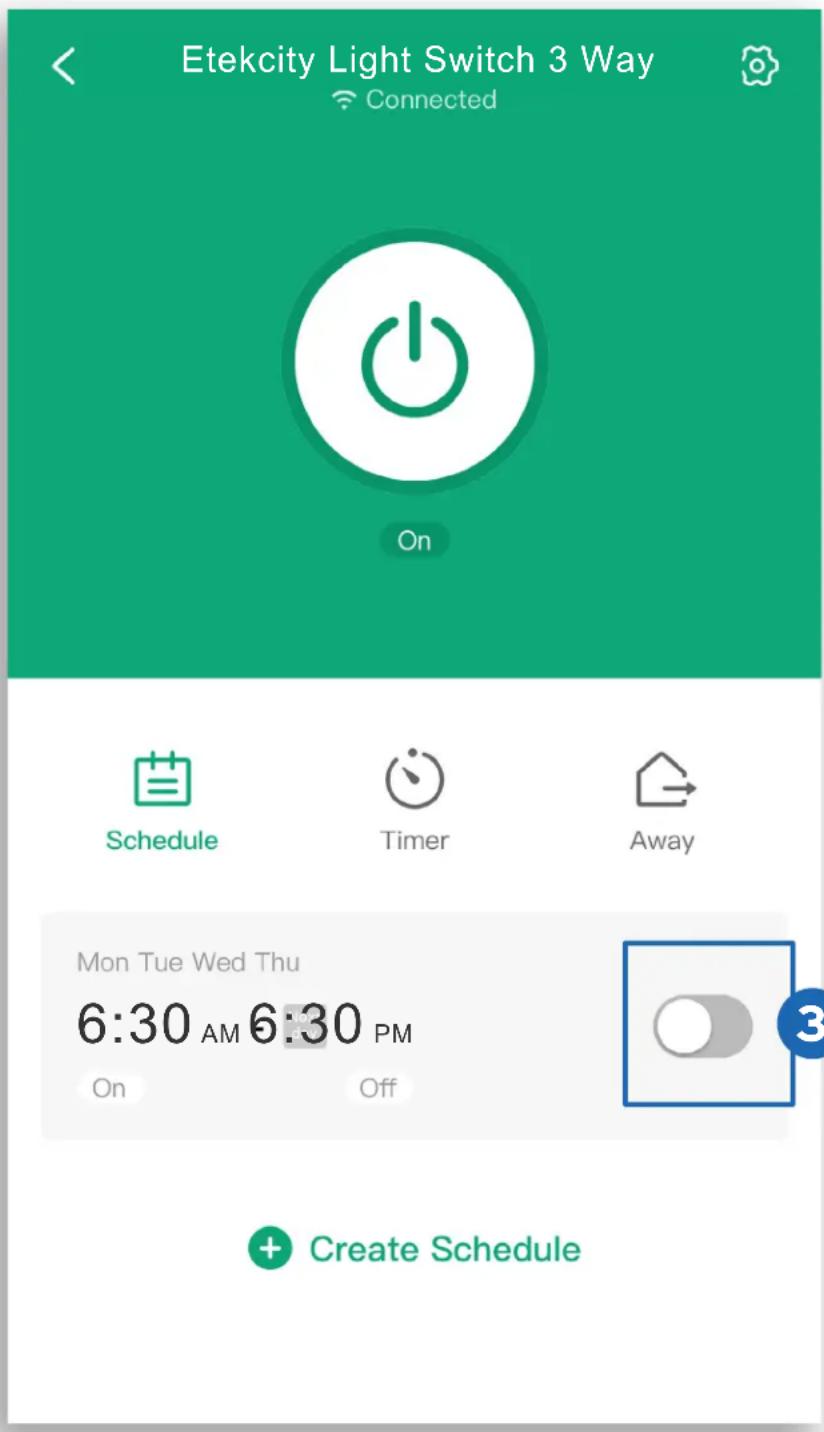 Etekcity Light Switch 3 Way Connected On Schedule Timer Away Mon Tue Wed Thu 6:30 AM 6:30 PM On Off + Create Schedule