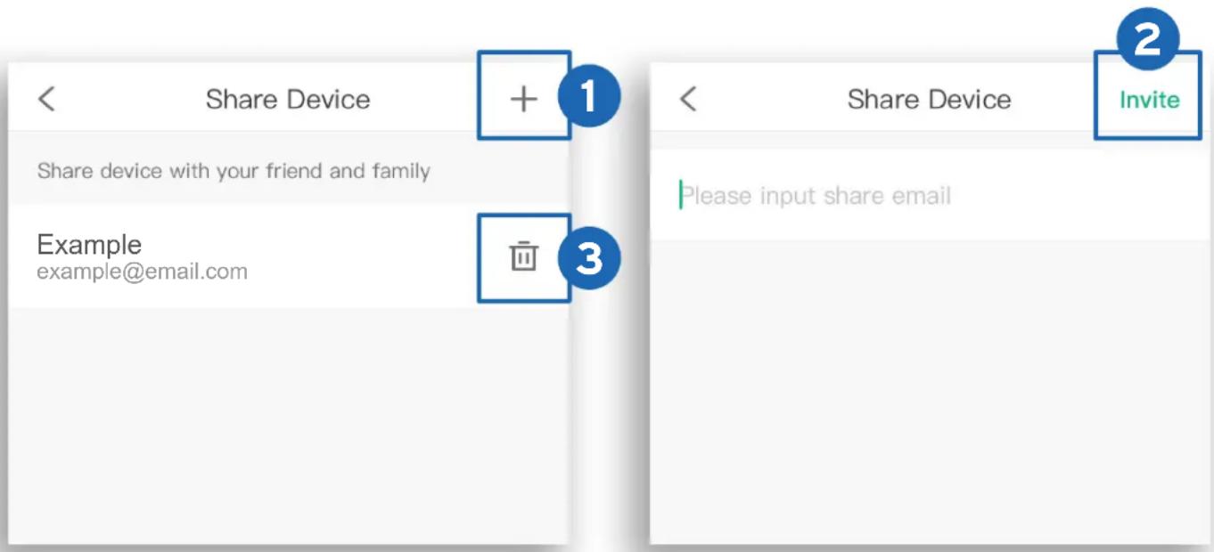 Share Device + 1 Share device with your friend and family Example example@email.com 3 Please input share email 2 Invite